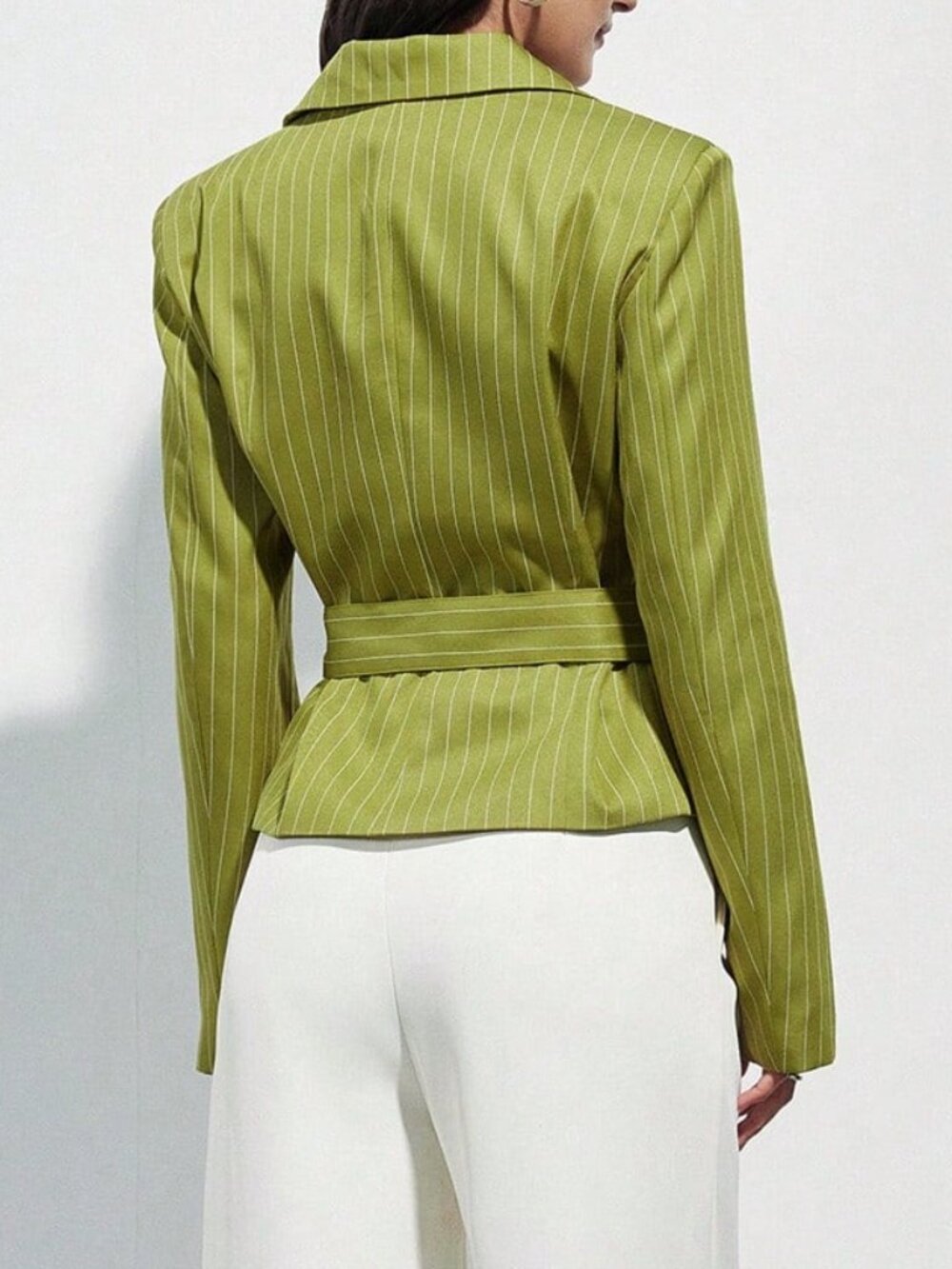 Green Elegant Chic Women's Work Blazer Jacket, Pinstripe, Adjustable Belt - Picture 2 of 7
